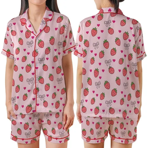 Red Strawberry, Pink Ribbon Bow & Fuchsia Heart Baby Pink Sleep Set Satin Short-Sleeve Pajamas Set