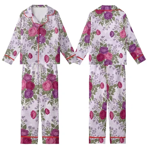 Romantic Dreamer's Botanical Motif: Magenta Rose, Royal Purple Wildflower, Sage Green Kid Satin Pajamas Set