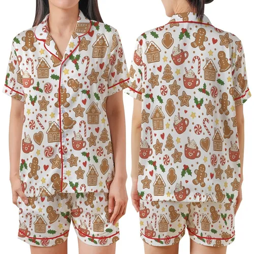 Whimsical Gingerbread Wonderland: Cookie, Candy Cane & Hot Cocoa Holiday Scatter Print Satin Short-Sleeve Pajamas Set