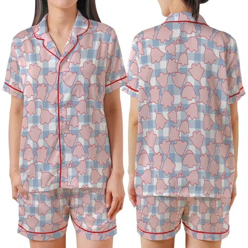 Sweet Whimsical Pastel Pink Bell Flower & Light Blue Gingham Pattern Dress Satin Short-Sleeve Pajamas Set