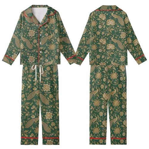 Emerald Green Peacock Design: Gold Floral Clusters & Ivory Leaf Motifs – Classic Aesthetic Kid Satin Pajamas Set