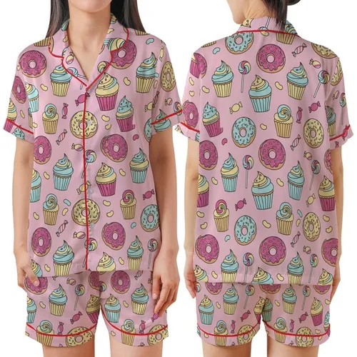 Whimsical Sweet Treat Hand-Drawn Donut Cupcake Candy Scatter Pastel Bubblegum Pink Top Satin Short-Sleeve Pajamas Set