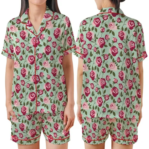 Women's Romantic Rose Garden: Pale Pink & Crimson Blooms with Olive Leaves on Light Mint Satin Short-Sleeve Pajamas Set
