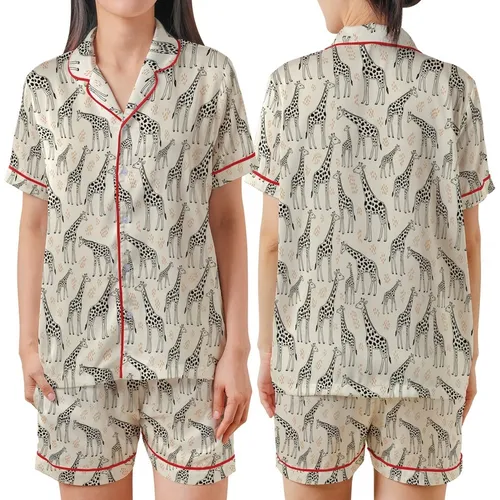 Giraffe Lover's Hand-Drawn Adult & Baby Giraffes Dynamic Off-White Burnt Orange Signature Pattern Satin Short-Sleeve Pajamas Set
