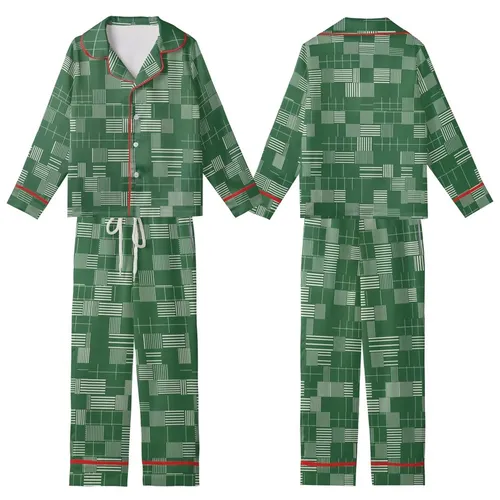 Modern Classic Style Deep Forest Green Geometric Tessellation Garment: White Stripes, Windowpane Grid Kid Satin Pajamas Set