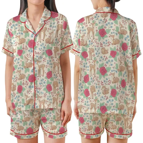 Gentle Spirit's Whimsical Fawn Hot Pink Rose Mint Leaf Blue Wildflower Pattern Satin Short-Sleeve Pajamas Set