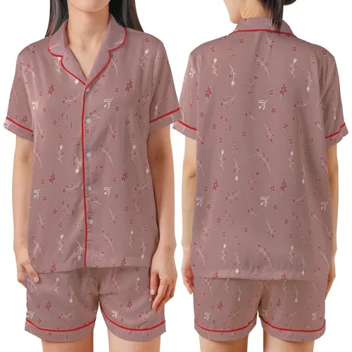 Gentle Spirit's Hand-Drawn Dusty Rose Botanical Floral Pattern Soft Style Piece Satin Short-Sleeve Pajamas Set