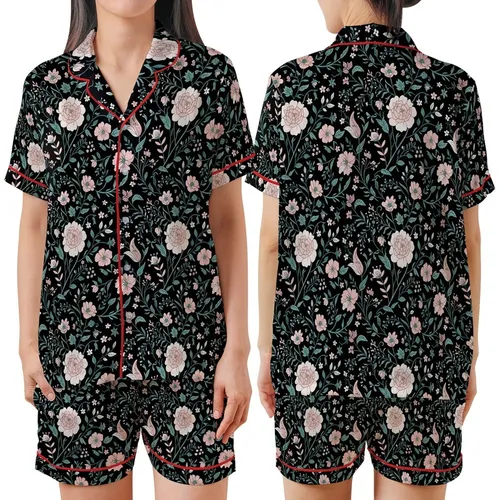 Elegant Botanical Hand-Drawn Blush Pink Peach White Teal Floral on Black Fashion Design Satin Short-Sleeve Pajamas Set