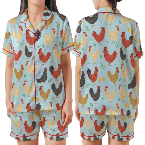 Playful Chicken Farm Design: Terracotta Roosters, Cream Hens, Yellow Chicks on Sky Blue Satin Short-Sleeve Pajamas Set