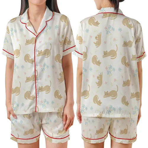 Whimsical Sleepy Cats with Pastel Blue Pink Flowers Creamy White Satin Short-Sleeve Pajamas Set