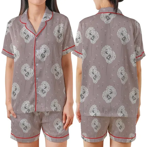 Elegant Botanical Dandelion: Fluffy White Seed Heads, Dusty Rose & Grey Design Satin Short-Sleeve Pajamas Set