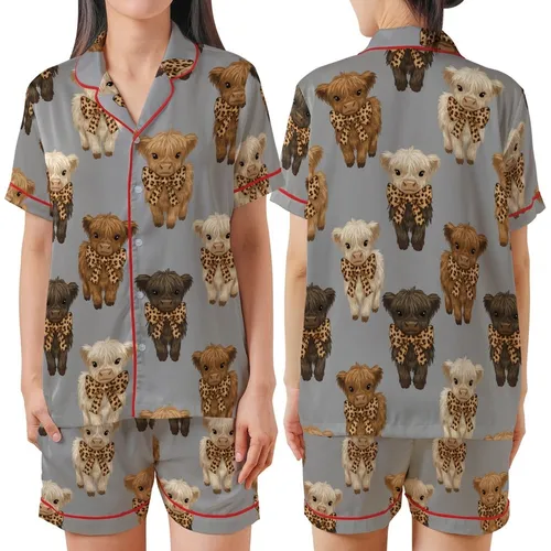Adorable Highland Cow Calf: Fluffy Calf & Leopard Print Bow Pattern - Heather Grey Soft Essential Satin Short-Sleeve Pajamas Set