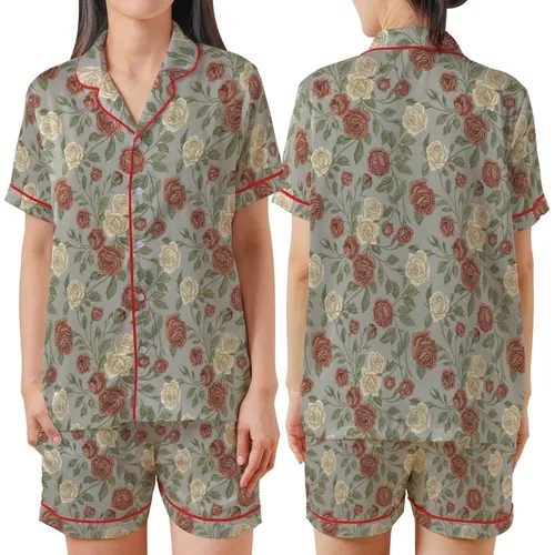 Rose Lover's Muted Greige Dusty Rose Botanical Blooming Floral Design Satin Short-Sleeve Pajamas Set