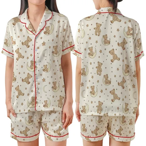 Whimsical Dreamer Cozy Sleep Set: Sleepy Teddy Bear & Celestial Moons Stars Pattern Satin Short-Sleeve Pajamas Set