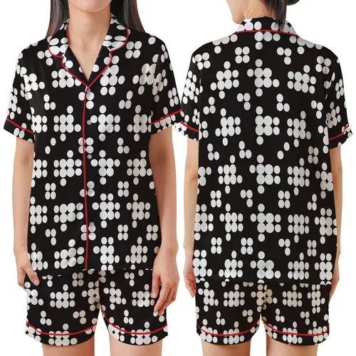 Modern Minimalist's Crisp White Layered Geometric Circle Style Piece Satin Short-Sleeve Pajamas Set
