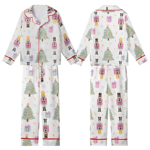 Women's Whimsical Pastel Watercolor Nutcracker Christmas Tree Star Snowflake Pattern Fuchsia Mint Blue Golden Yellow Kid Satin Pajamas Set