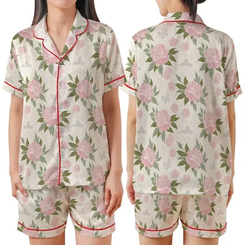 Women's Painterly Blush Peony & Rose Bloom - Pastel Floral Butterfly Satin Short-Sleeve Pajamas Set