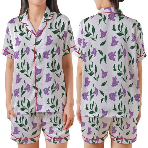 Floral Style: Stylized Purple Trumpet Flowers, Deep Green Leaves & Lavender Swirls All-Over Print Satin Short-Sleeve Pajamas Set
