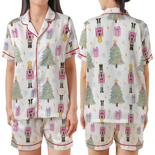 Women's Whimsical Pastel Watercolor Nutcracker Christmas Tree Star Snowflake Pattern Fuchsia Mint Blue Golden Yellow Satin Short-Sleeve Pajamas Set