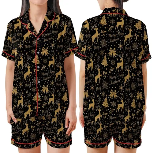 Vintage Metallic Gold Christmas Reindeer Snowflakes Holly Bells Script on Deep Black Design Satin Short-Sleeve Pajamas Set