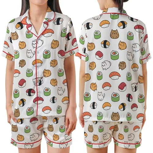 For Sushi Cat Fans: Playful Salmon Nigiri & Maki Cat Design - Graphic Print Satin Short-Sleeve Pajamas Set