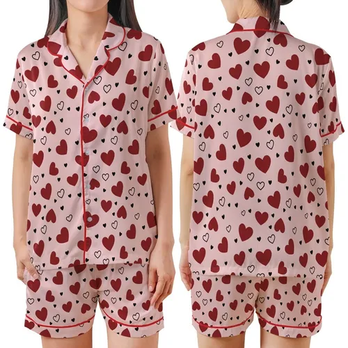 Sweetheart's Soft Pink Whimsical Scattered Maroon & Black Outlined Hearts Wearable Satin Short-Sleeve Pajamas Set