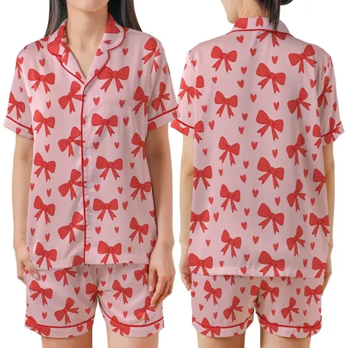 Sweetheart Red Bow & Heart Design: Playful Bubblegum Pink Whimsical Motif Satin Short-Sleeve Pajamas Set