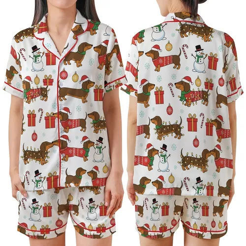 Dachshund Lover's Holiday Loungewear: Whimsical Dogs, Santa Hats, Lights, Gifts & Snowmen Pattern Satin Short-Sleeve Pajamas Set
