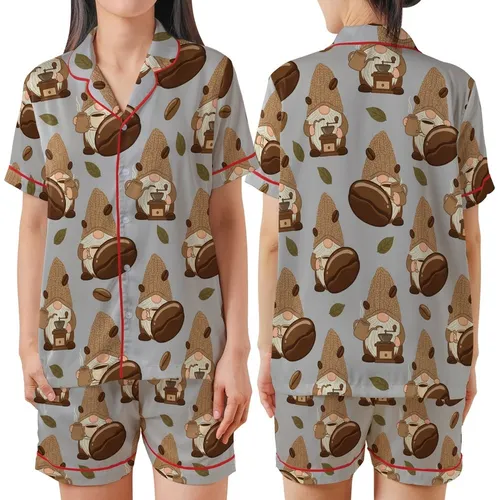 Coffee Lovers Whimsical Gnomes: Steaming Cups, Coffee Beans & Knitted Hats Cozy Design Satin Short-Sleeve Pajamas Set