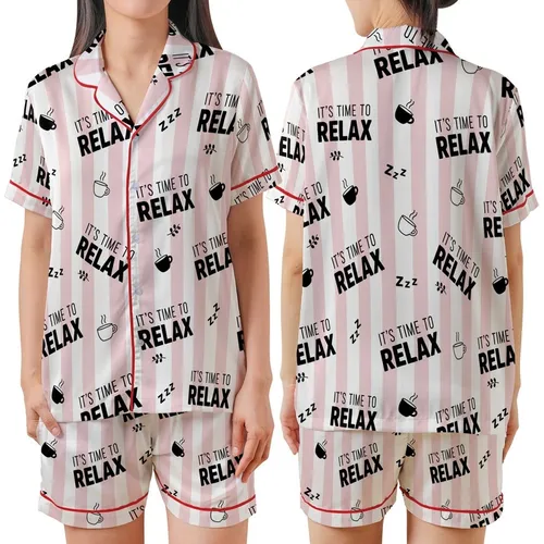 Relaxation Seeker's Loungewear: Light Pink White Stripe 'IT'S TIME TO RELAX' Coffee Zzz Satin Short-Sleeve Pajamas Set