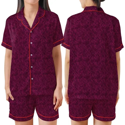 Women's Elegant Deep Magenta Black Floral Rose Design Satin Short-Sleeve Pajamas Set