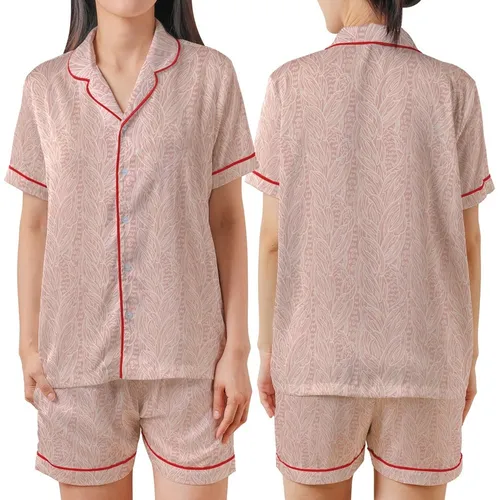Cozy Knitwear Inspired: Rose Pink Cable & Braid with Off-White Details Wearable Design Satin Short-Sleeve Pajamas Set