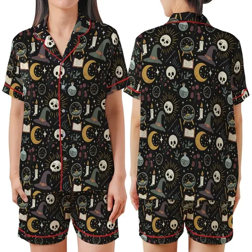 Witchy Cottagecore Dream: Whimsical Occult Moon Skull Potion Runes - Enchanting Design Satin Short-Sleeve Pajamas Set