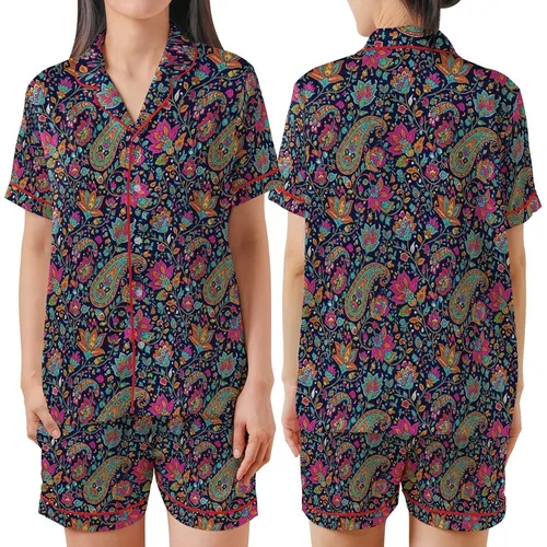 Cultural Art Enthusiast: Ornate Indian Paisley & Jewel Floral Scrollwork Rich Ornament Design Satin Short-Sleeve Pajamas Set
