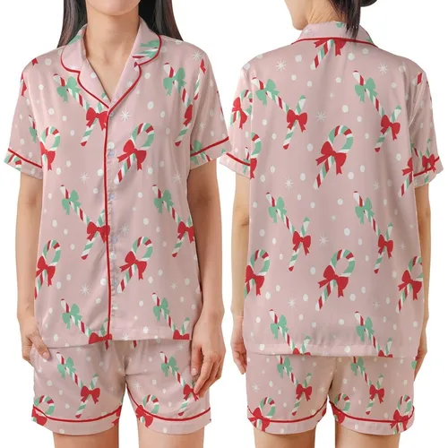 Women's Cheerful Pastel Pink Candy Cane Bow White Polka Dot Holiday Satin Short-Sleeve Pajamas Set