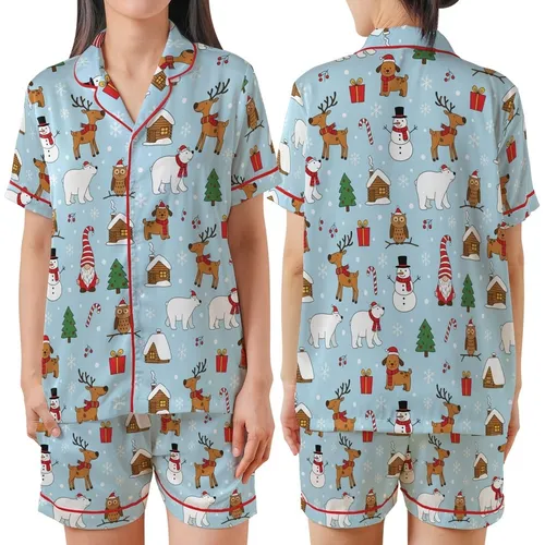 Whimsical Winter Wonderland: Gnomes, Snowmen, Reindeer, Polar Bears on Sky Blue Loungewear Satin Short-Sleeve Pajamas Set