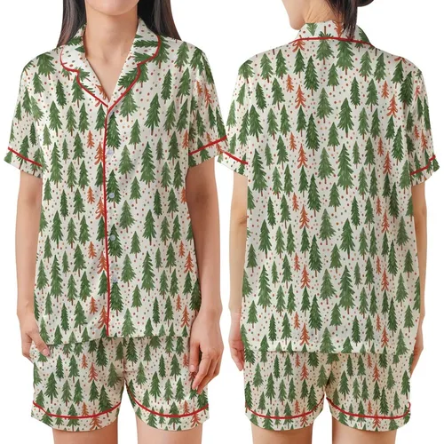 Whimsical Christmas Forest: Hand-Drawn Evergreen Trees, Painterly Green & Olive, Red Bows, Terracotta Dots Satin Short-Sleeve Pajamas Set