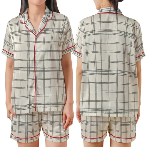Women's Casual Charcoal Off-White Hand-Drawn Wavy Line Plaid Satin Short-Sleeve Pajamas Set