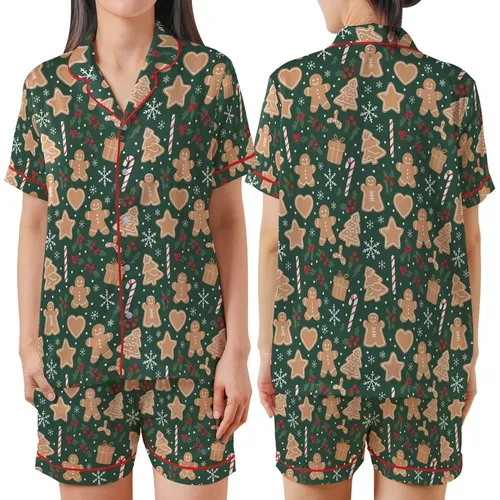 Deep Forest Green Gingerbread: Candy Cane, Holly & Snowflake Holiday Loungewear Satin Short-Sleeve Pajamas Set