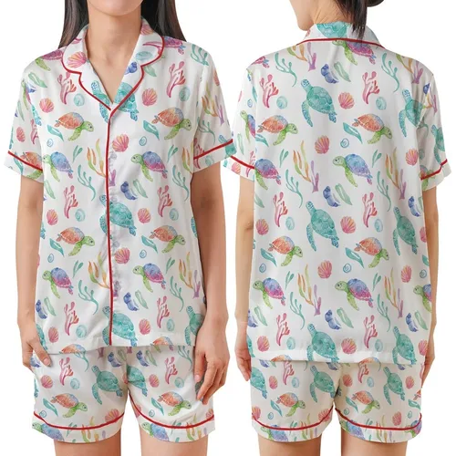 Ocean Lover's Vibrant Whimsical Sea Turtle & Seashells Garment Satin Short-Sleeve Pajamas Set