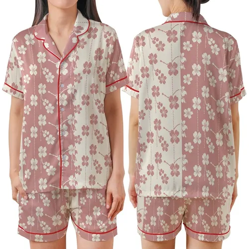 Women's Rose Creamy Off-White Two-Tone Cherry Blossom Berry Cluster Split Satin Short-Sleeve Pajamas Set