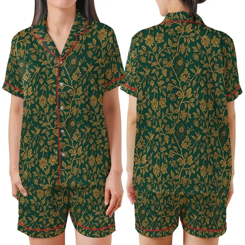 Classic Gold & Emerald: Intricate Floral, Peacock Feather & Hummingbird Wearable Art Satin Short-Sleeve Pajamas Set