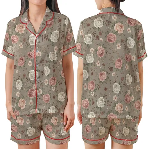 Vintage Floral Enthusiast: Painterly Greige Rose & Wildflower Art Motif Satin Short-Sleeve Pajamas Set