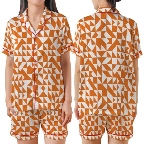 Dynamic Fragmented Geometric Mosaic: Orange White Interlocking Shapes Satin Short-Sleeve Pajamas Set