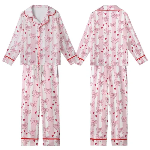 Sweethearts' Pink & White Stripe Bows & Hearts Fuchsia Accented Wearable Kid Satin Pajamas Set