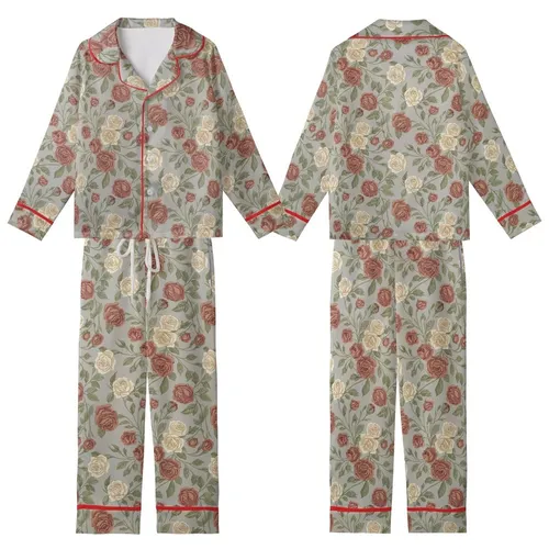 Rose Lover's Muted Greige Dusty Rose Botanical Blooming Floral Design Kid Satin Pajamas Set