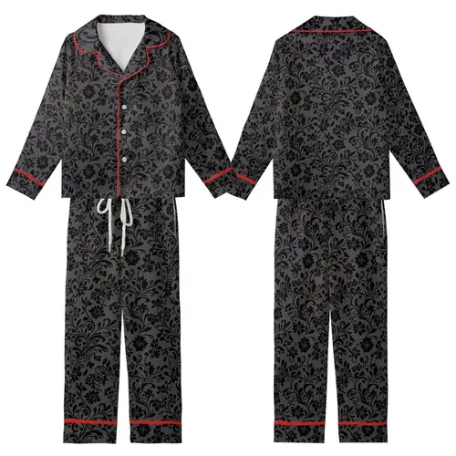 Nature-Inspired Black Silhouette Organic Pattern: Dark Charcoal Floral Foliage Design Kid Satin Pajamas Set