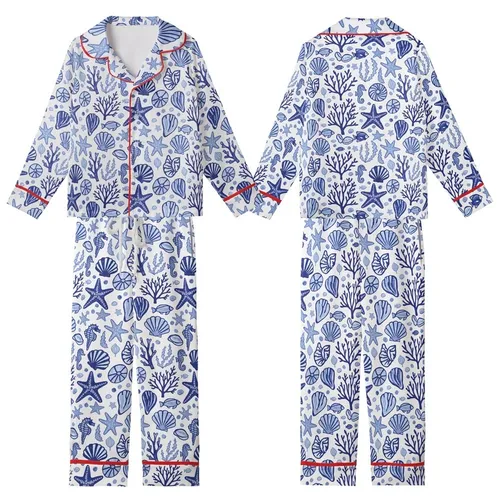 Oceanic Explorer's Hand-Drawn Indigo Blue & Sky Blue Seashell, Starfish, Coral Seaweed Pattern Wearable Kid Satin Pajamas Set