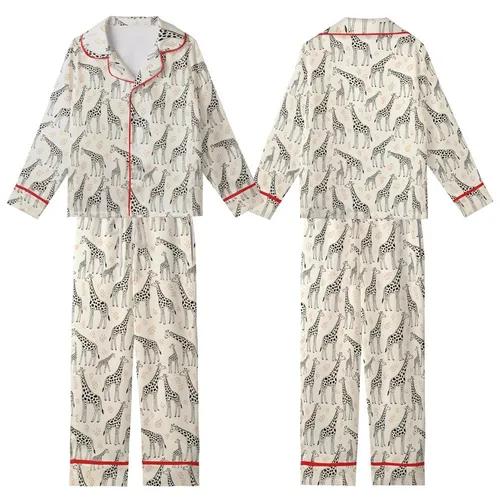 Giraffe Lover's Hand-Drawn Adult & Baby Giraffes Dynamic Off-White Burnt Orange Signature Pattern Kid Satin Pajamas Set