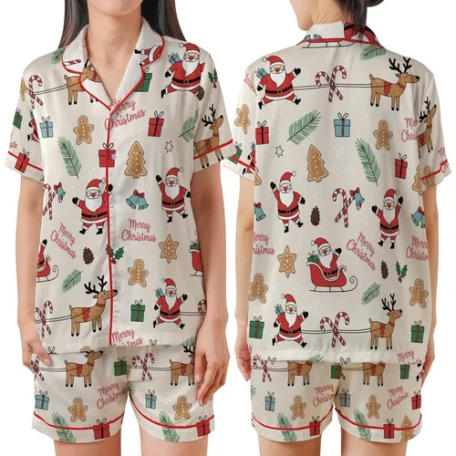 Family Holiday Fun: Whimsical Santa Gingerbread Pinecone Pattern - Festive Season Wearable Satin Short-Sleeve Pajamas Set